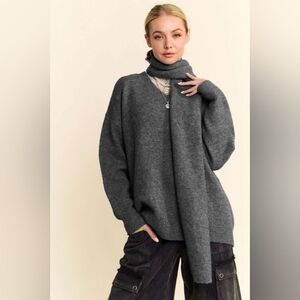 DAVI & DANI Dark Charcoal Gray Oversized V-Neck Sweater Scarf Set